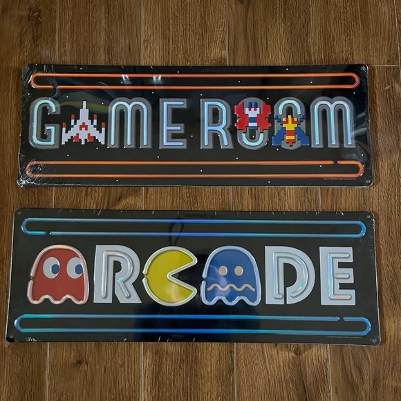 New Set of 2 Large Arcade Pac Man Galaga Metal Wall Art Sign Man Cave Open Road - Picture 1 of 8